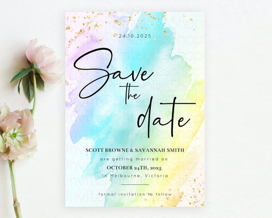 Editable Pastel Save The Date Template Pastel Ombre Rainbow Watercolor Color
