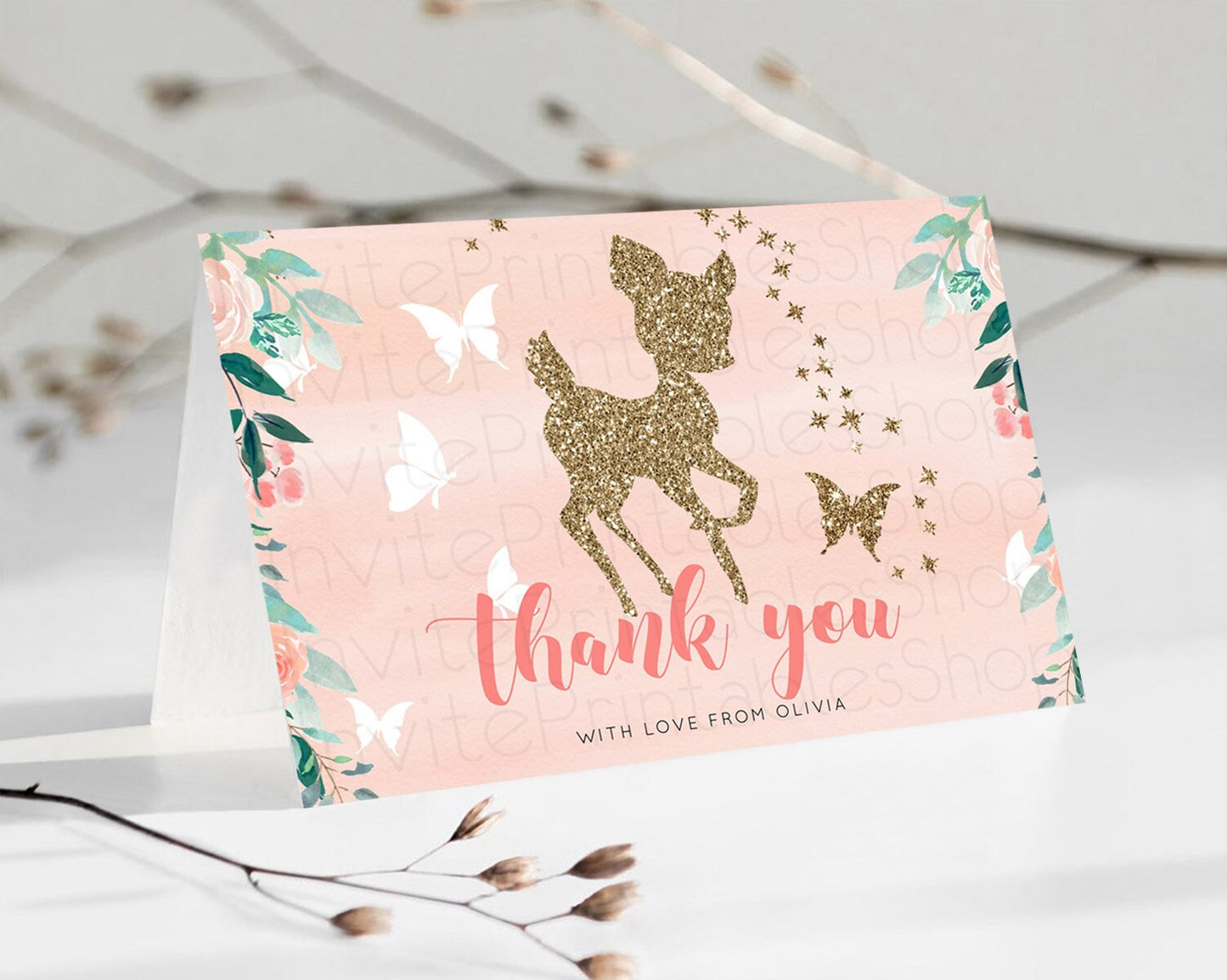 Fawn Thank You Deer Thank You Card Pastel Floral Deer Birthday Thank You Card Enchanted Forest Butterfly Deer Teacher Thank You Card D10873