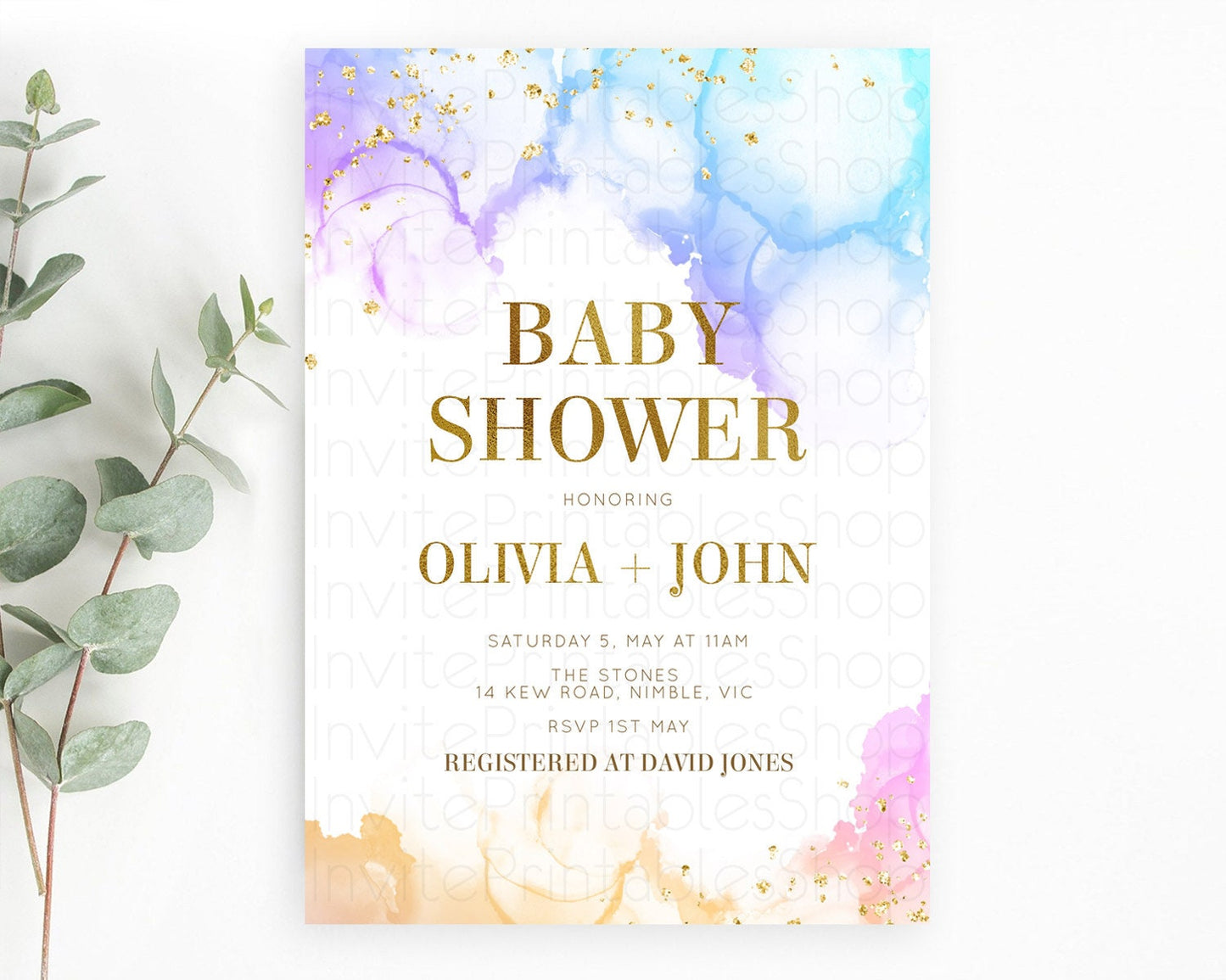 Pastel Baby Shower Invitation Rainbow Baby Shower Invitation Colorful Pastel Watercolor Invitation Gold Glitter Sprinkles Ombre D11018