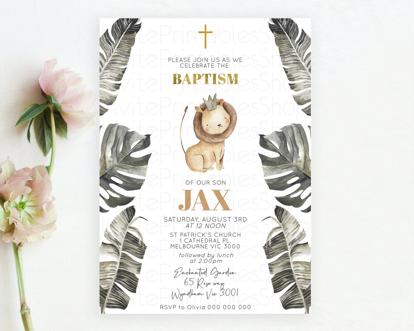 Lion Baptism Invitation Lion Baptism 1st Birthday Invitation Modern Safari Adventure Lion Christening Invitation Holy Communion D10599