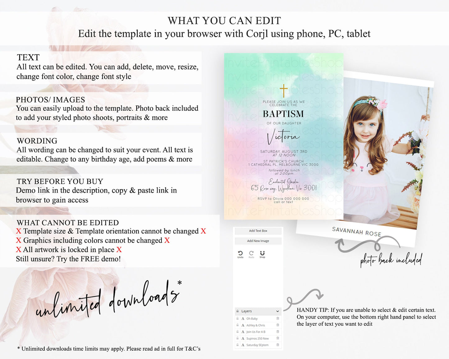 Pastel Baptism Invitation Pastel Colors Watercolor Baptism 1st Birthday Party Gold Ombre Pastel Rainbow Christening Holy Communion D10375