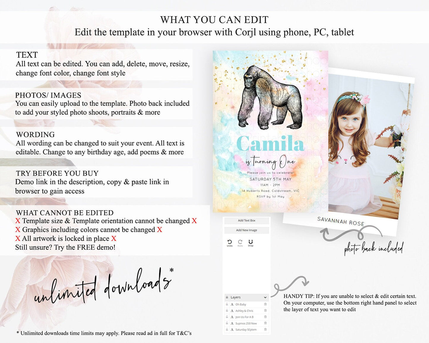Pastel Gorilla Birthday Invitation Pastel Gorilla Invitation Rainbow Gorilla Invitation Pastel Watercolor Invite Safari Zoo Glitter D10284