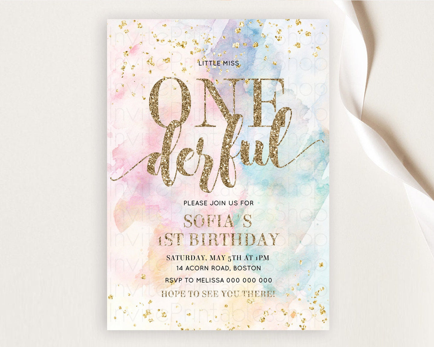 ONEderful Rainbow Birthday Invitation Colorful Pastel Watercolor Invitation Gold Glitter Sprinkles Ombre Pastel 1st Birthday D10264