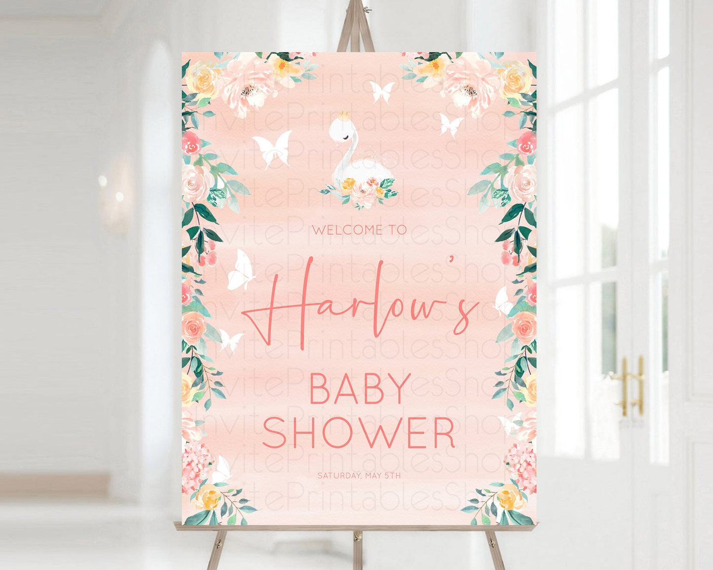 Editable Swan Baby Shower Welcome Board Swan Princess Ballet Welcome Sign En