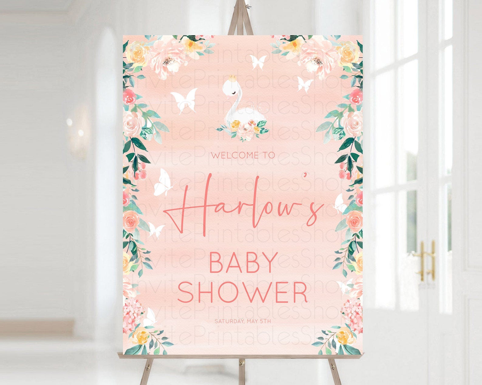 Editable Swan Baby Shower Welcome Board Swan Princess Ballet Welcome Sign En