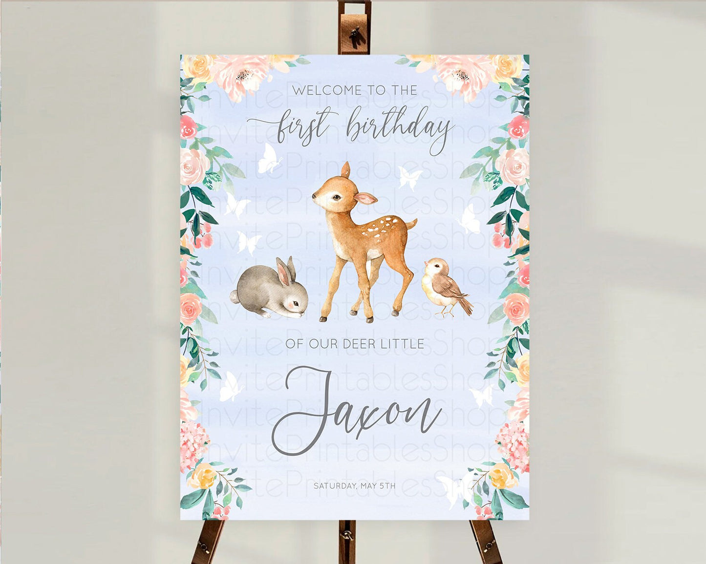 Fawn Welcome Sign Deer Welcome Board Floral Deer Welcome Poster Enchanted Forest Butterfly Pastel Floral First Birthday Welcome Sign D10920