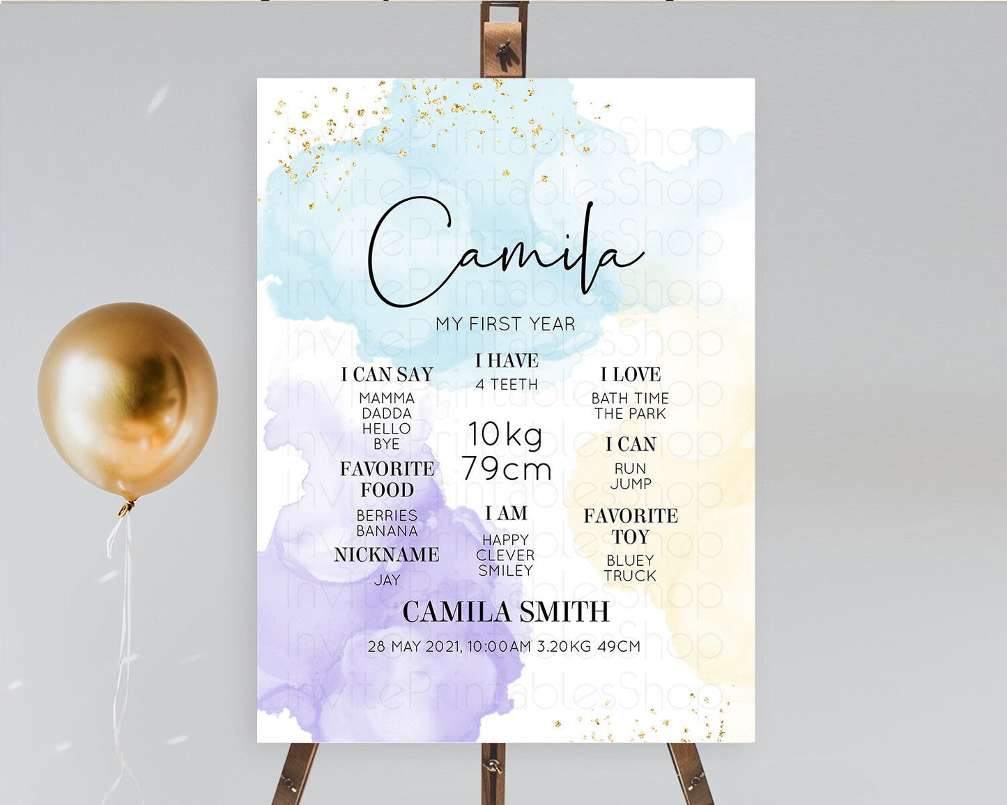 Pastel First Birthday Milestone Board Pastel Rainbow Milestone Poster Colorful Confetti Watercolor Glitter 1st Birthday Welcome Sign D10208