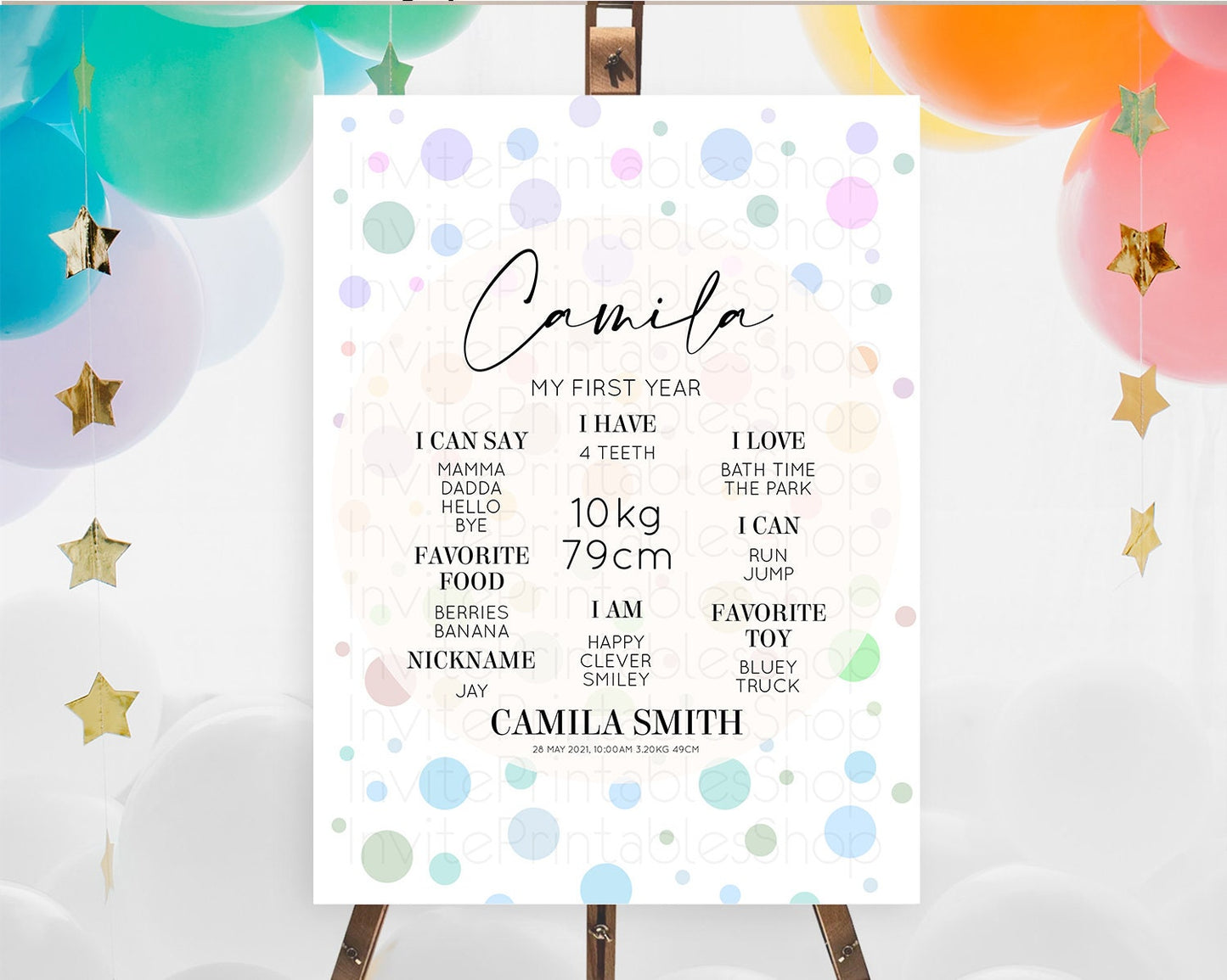 Pastel First Birthday Milestone Poster Pastel Rainbow Confetti First Birthday Milestone Board Colorful Bubbles Birthday Welcome Sign D10135