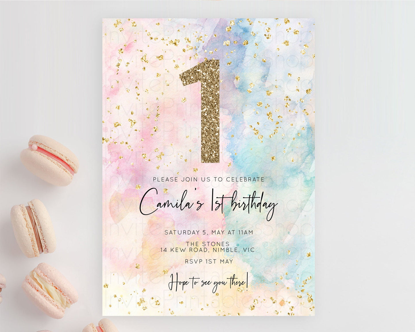 Rainbow Birthday Invitation Colorful Pastel Watercolor Invitation Gold Glitter Sprinkles Ombre Pastel 1st 2nd 3rd Birthday D10276