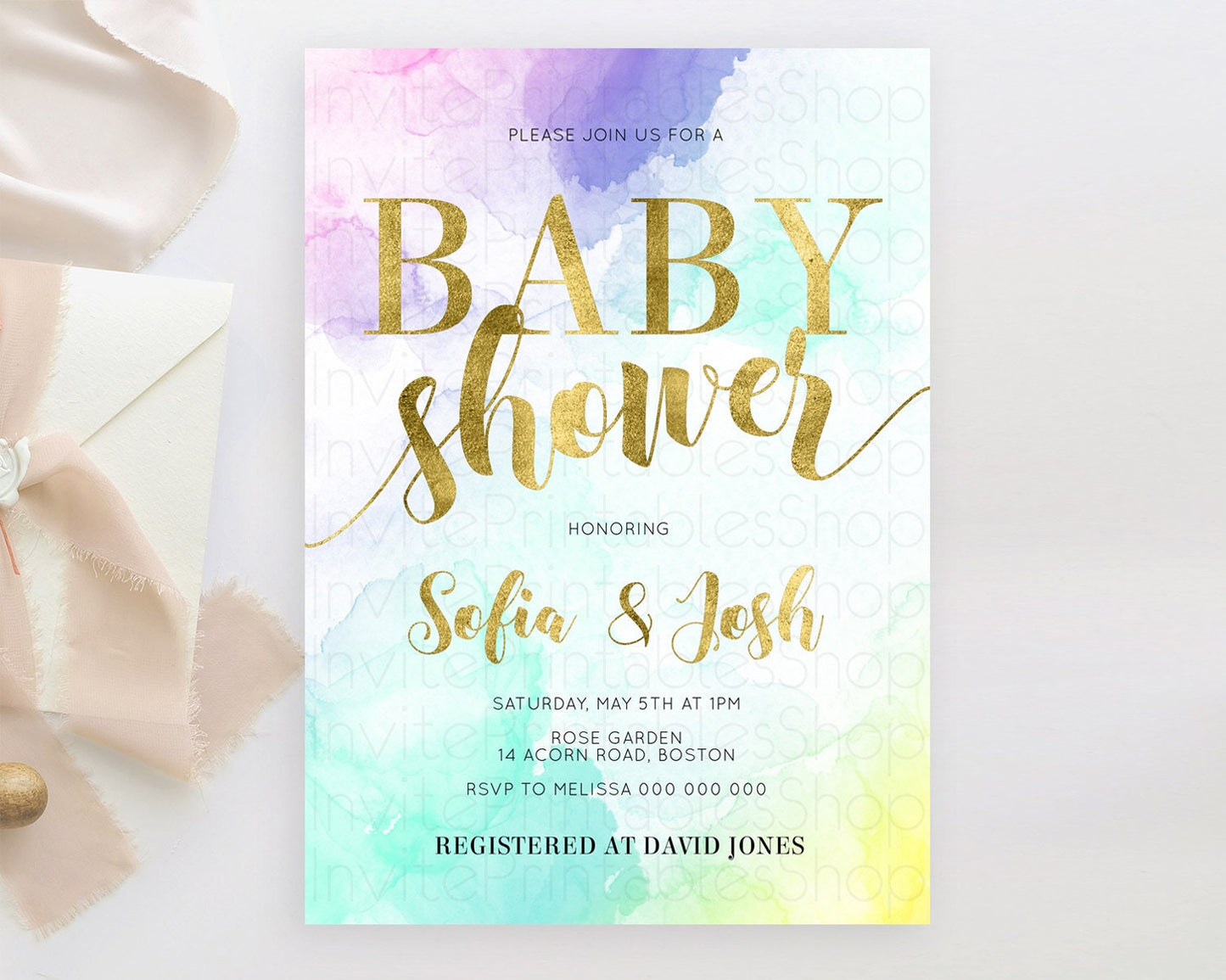 Pastel Baby Shower Invitation Rainbow Baby Shower Invitation Colorful Pastel Watercolor Invitation Gold Glitter Sprinkles Ombre D11024