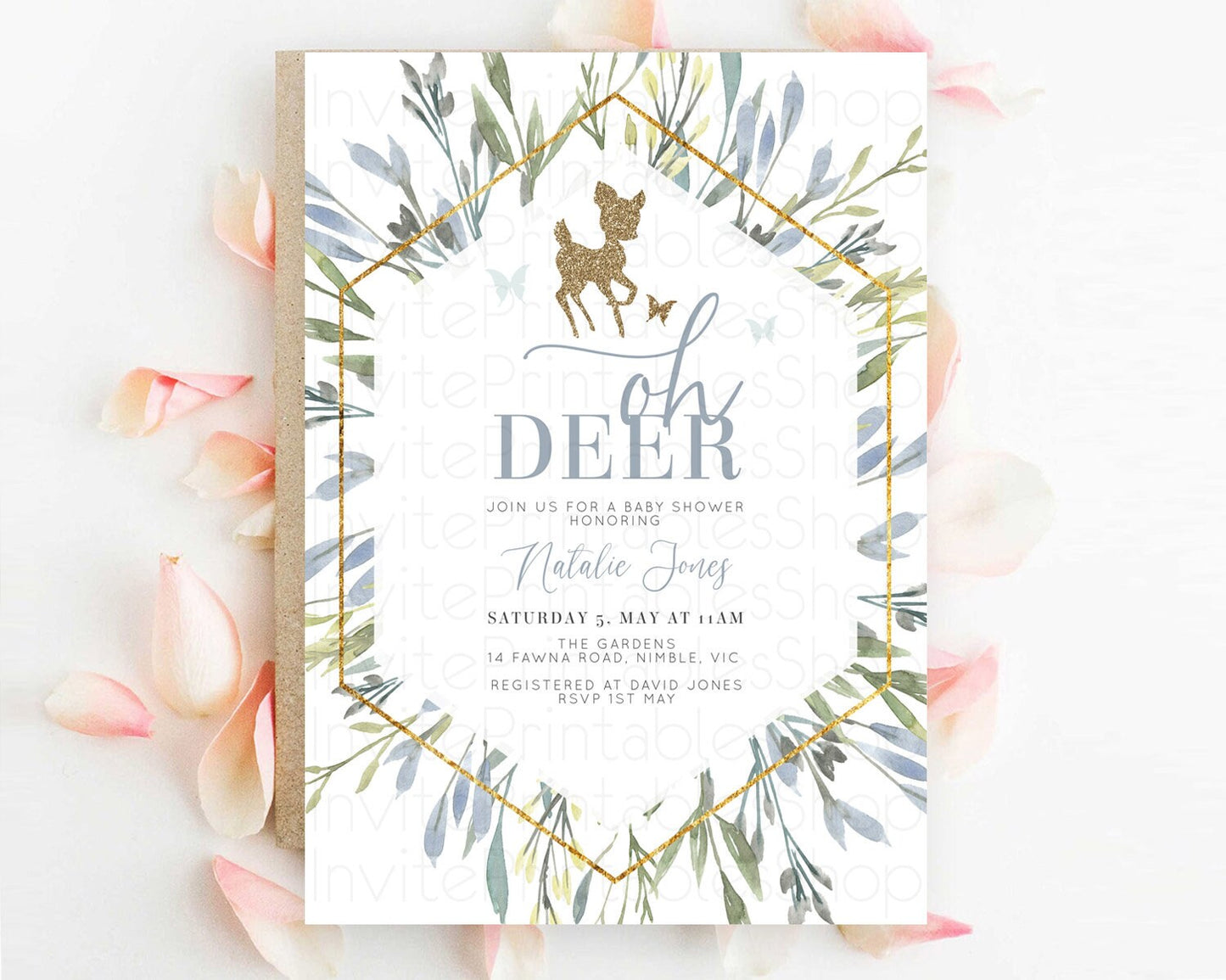 Fawn Baby Shower Invitation Deer Baby Shower Invites Enchanted Forest Theme Butterfly Pastel Flowers Whimsical Baby Shower D10534