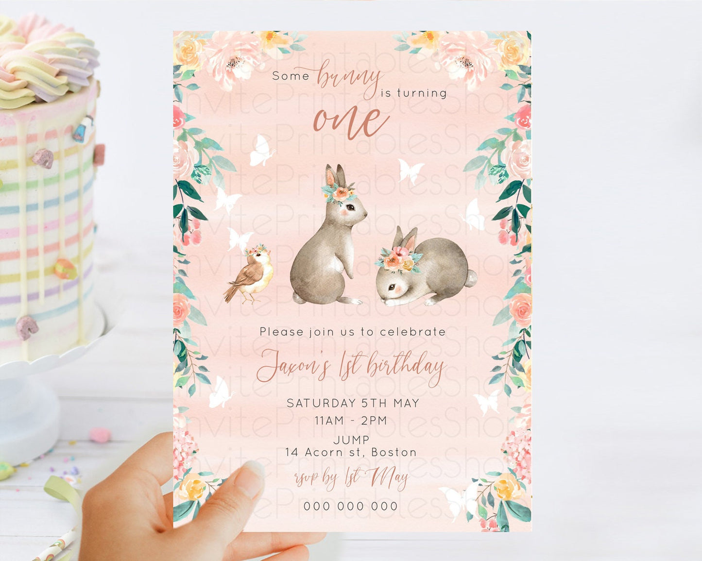 Bunny Birthday Invitation Floral Bunny Invitation Pastel Bunny Invites Pastel Watercolor Woodland Bunny Party 2nd 1st First Birthday D10922