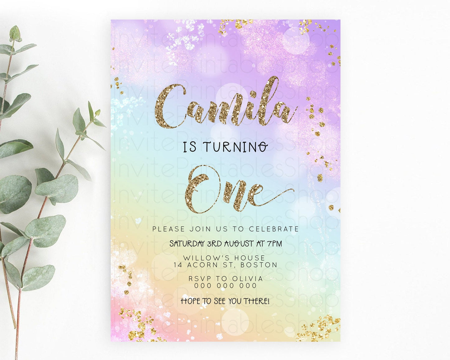 Rainbow Birthday Invitation Colorful Pastel Watercolor Invitation Gold Glitter Sprinkles Ombre Pastel 1st 2nd 3rd Birthday D23125