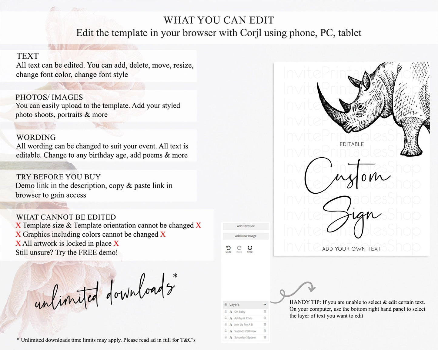 Rhino Sign Safari Table Sign Decor Rhino Party Sign Template Safari Adventure Rhino Minimal Theme 1st Birthday Baptism Baby Shower D10253