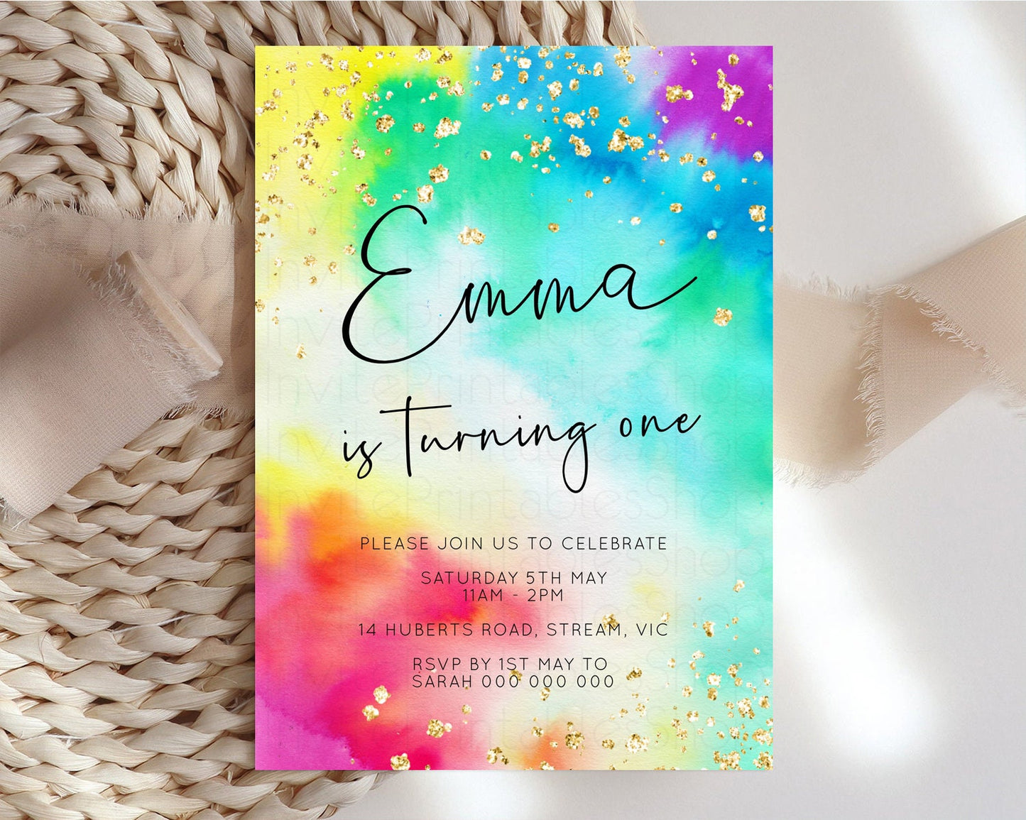 Tie Dye Rainbow Birthday Invitation Colorful Pastel Invite Ombre Watercolor Invite Rainbow Splash Glitter Sprinkle Invite 1st 2nd 3rd 511