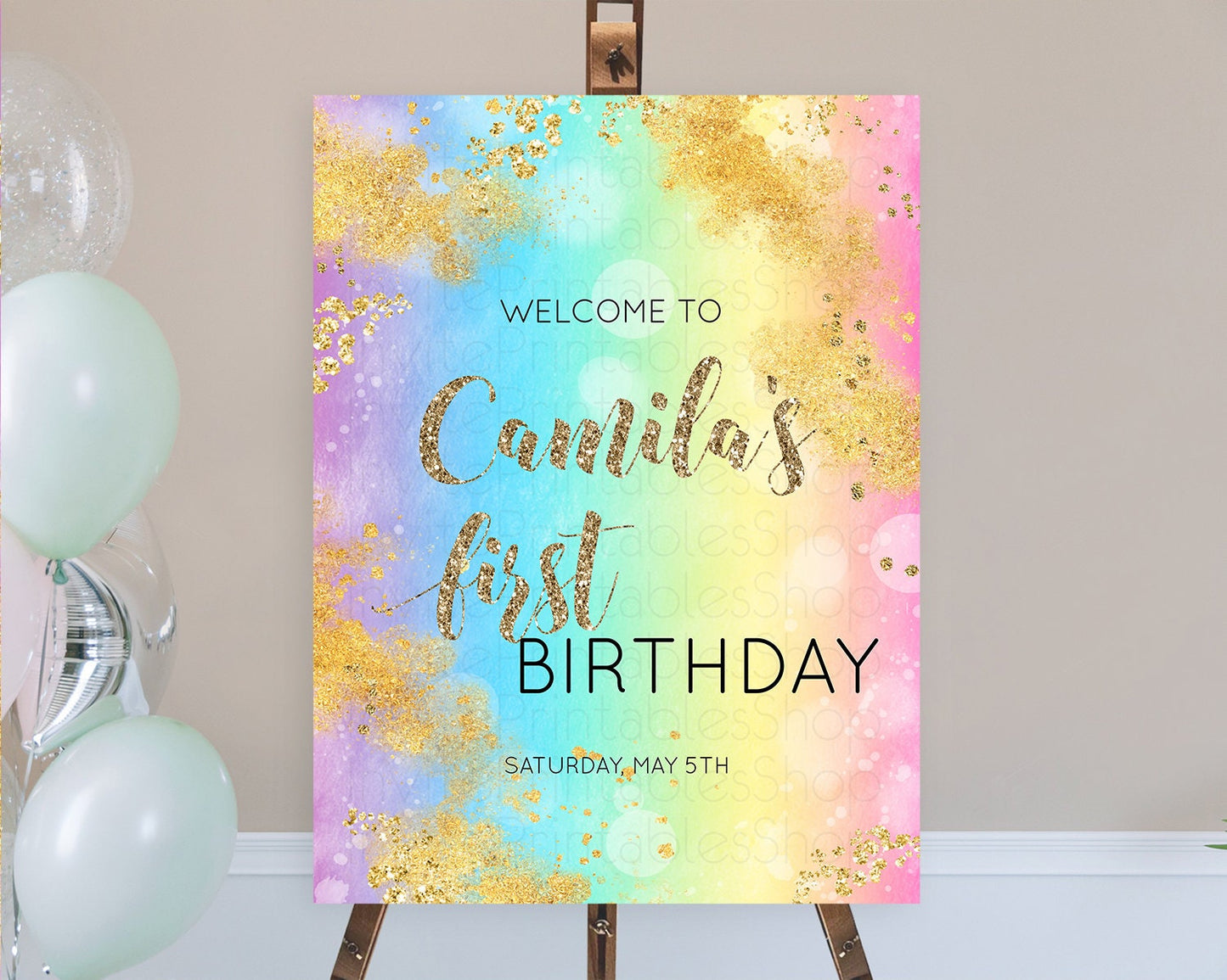 Pastel Welcome Sign Pastel Rainbow Welcome Sign Colorful Rainbow Confetti Watercolor Glitter Pastel First Birthday Welcome Sign D10561