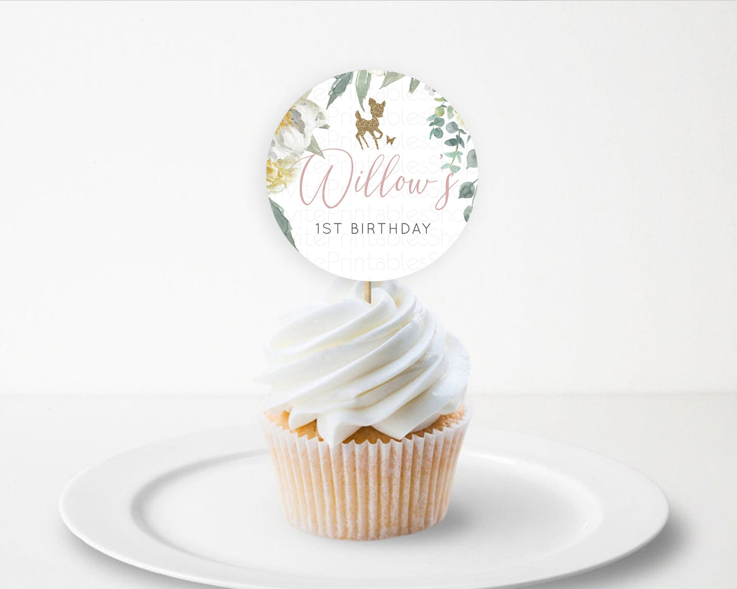 Fawn Cupcake Toppers Deer Cupcake Toppers Enchanted Forest Party Butterfly Pastel Flowers Woofland Cupcake Toppers First Birthday D10120