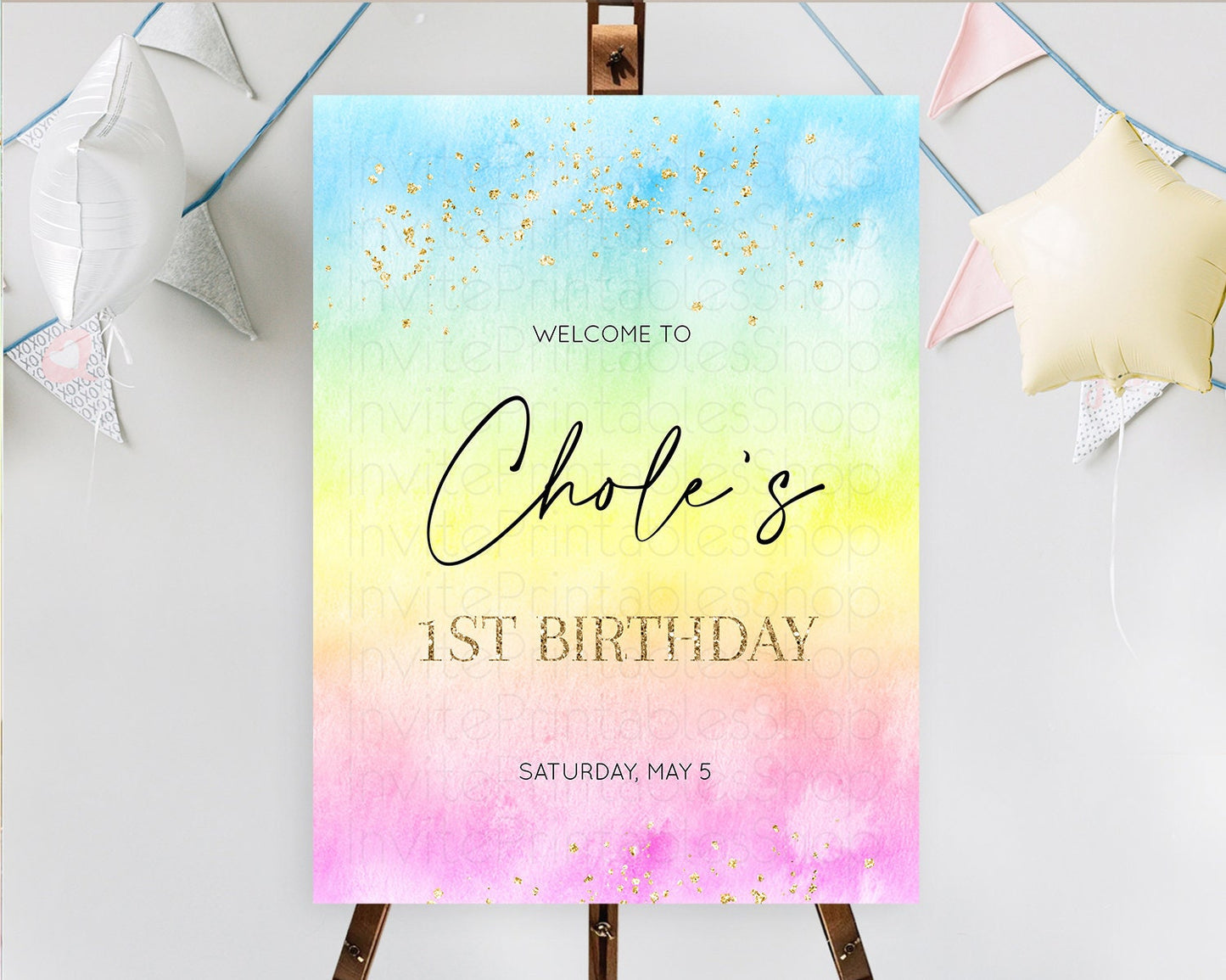 Pastel Welcome Sign Pastel Rainbow Welcome Sign Colorful Rainbow Confetti Watercolor Glitter Pastel First Birthday Welcome Sign D10483