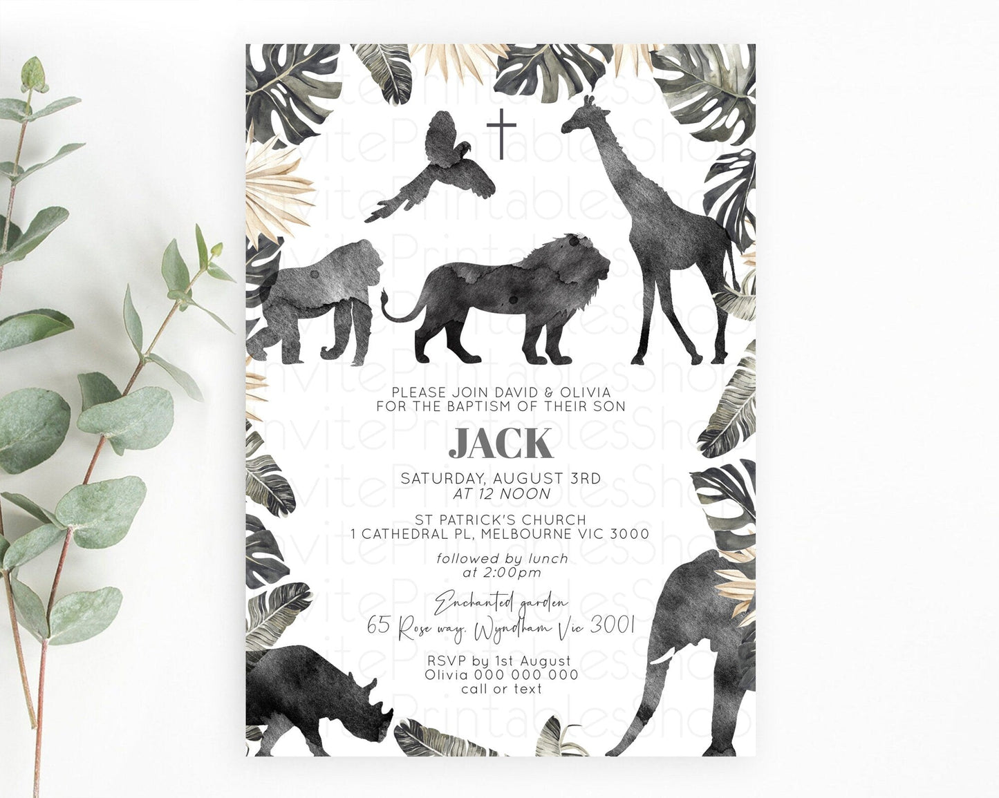 Safari Baptism Invitation Safari Adventure Baptism Birthday Invitation Lion Gorilla Elephant Rhino Tropical Palm Jungle Adventure D10865