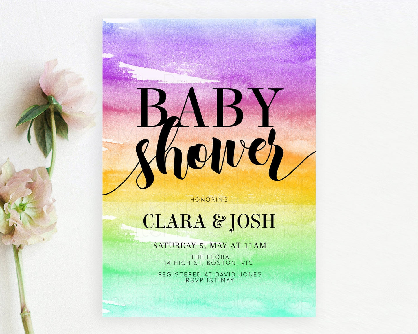 Pastel Baby Shower Invitation Rainbow Baby Shower Invitation Colorful Pastel Watercolor Invitation Gold Glitter Sprinkles Ombre D10524