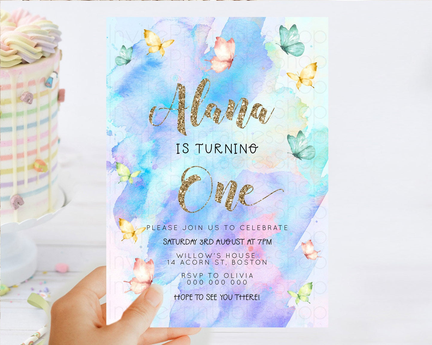 Pastel Butterfly Birthday Invitation Butterfly Birthday Invitation Colorful Splash Glitter Butterfly Garden 1st 2nd Birthday D23245