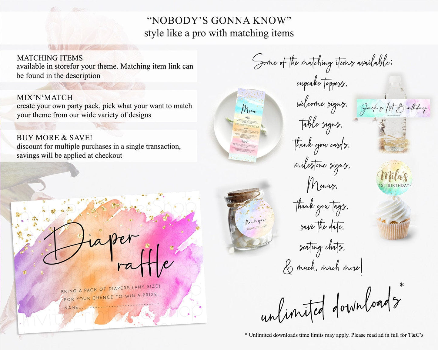 Pastel Diaper Raffle Card Pastel Rainbow Diaper Raffle Insert Colorful Ombre Watercolor Diaper Ticket Confetti Glitter Raffle Game D10488