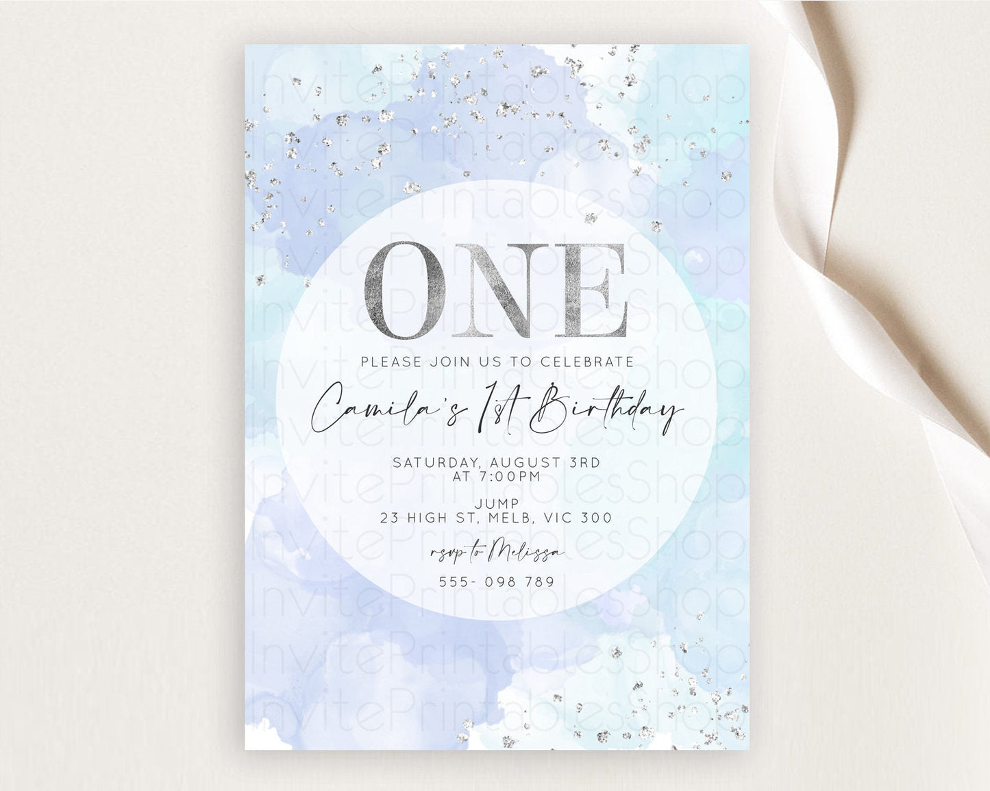 Rainbow Birthday Invitation Colorful Pastel Watercolor Silver Glitter Sprinkles Ombre Pastel Invitation 1st 2nd 3rd First Birthday D10628