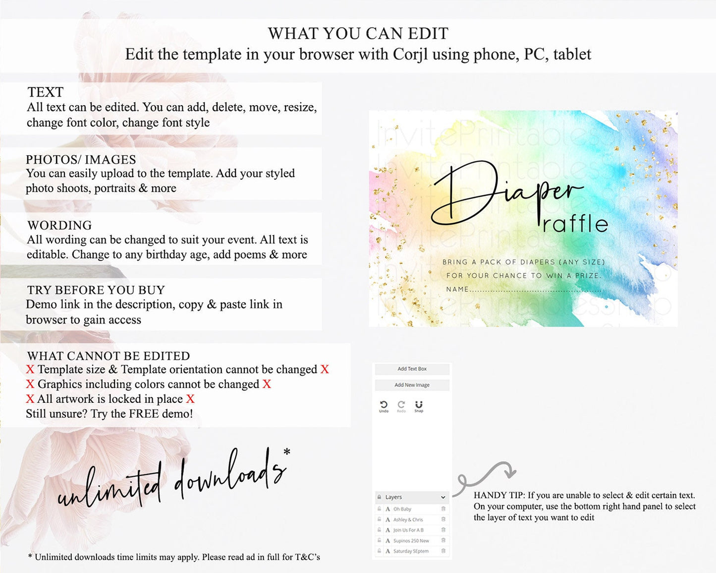 Pastel Diaper Raffle Card Pastel Rainbow Diaper Raffle Insert Colorful Ombre Watercolor Diaper Ticket Confetti Glitter Raffle Game D10279