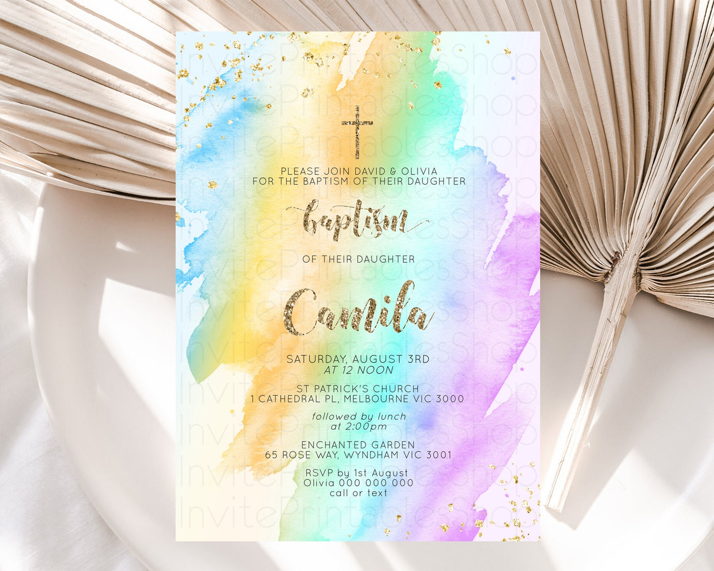 Pastel Baptism Invitation Pastel Colors Watercolor Baptism 1st Birthday Party Gold Ombre Pastel Rainbow Christening Holy Communion D10426