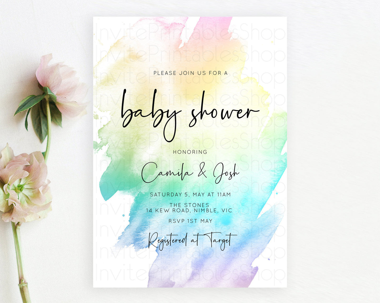 Pastel Baby Shower Invitation Rainbow Baby Shower Invitation Colorful Pastel Watercolor Invitation Gold Glitter Sprinkles Ombre D10279