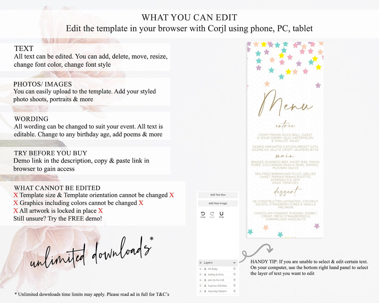 Star Menu Template Pastel Stars Menu Shooting Star Twinkle Little Star Decor Rainbow Colorful Confetti Dinner Dessert Food Menu D10601