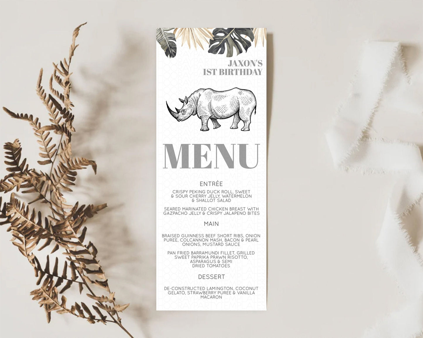 Rhino Menu Rhino Menu Template Rhino Party Table Decor Safari Adventure Decor Rhino Dinner Dessert Menu Rhino Party Food Menu D10826