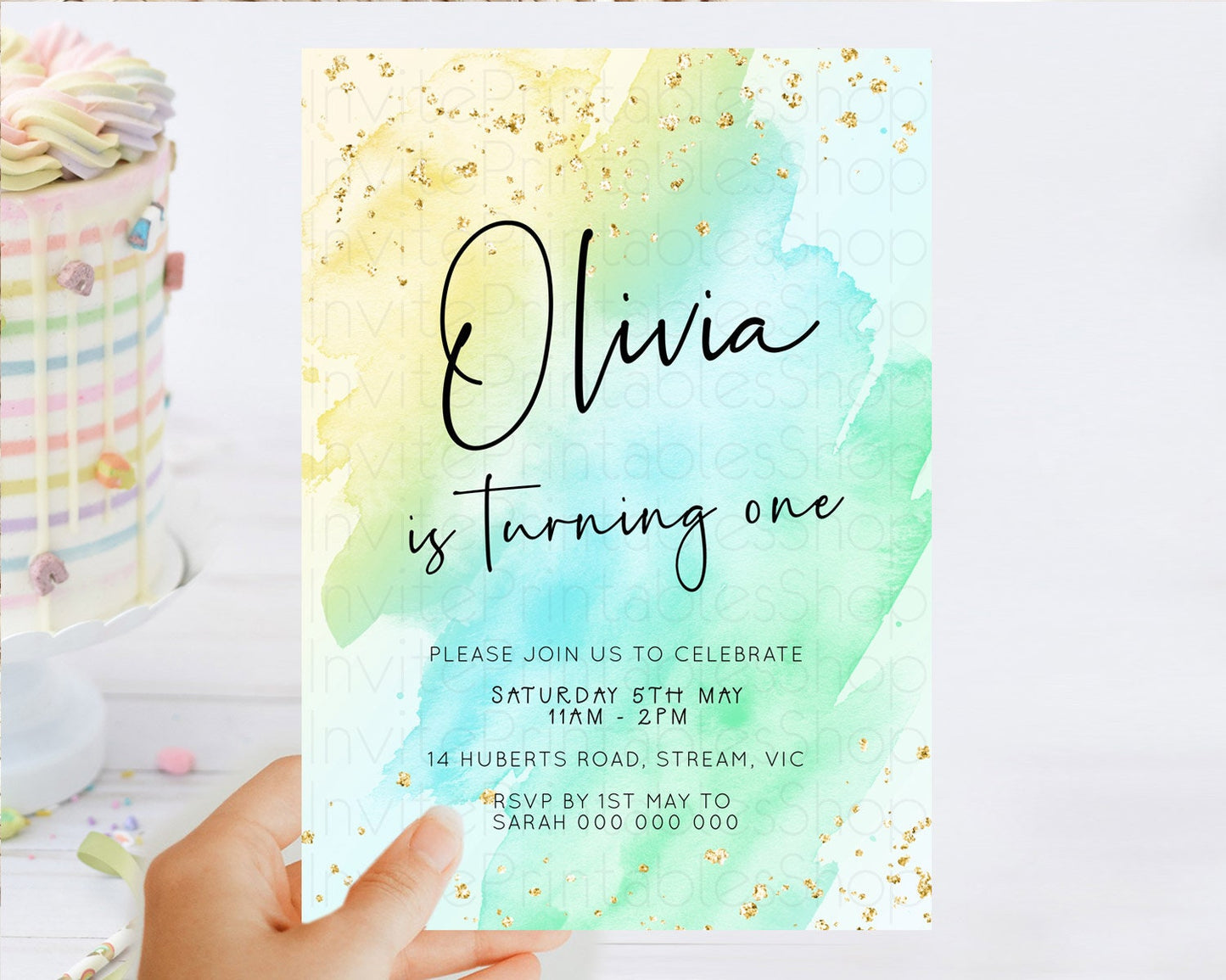 Pastel Birthday Invitation Ombre Watercolor Birthday Invitation Glitter Rainbow Color Splash 1st 2nd 3rd Birthday Invitation D23058