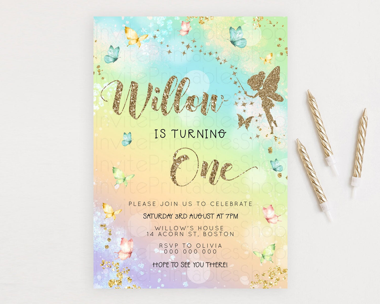 Pastel Fairy Birthday Invitation Pastel Butterflies Fairy Birthday Invitation Rainbow Ombre Watercolor 1st 2nd Birthday Invitation D23154