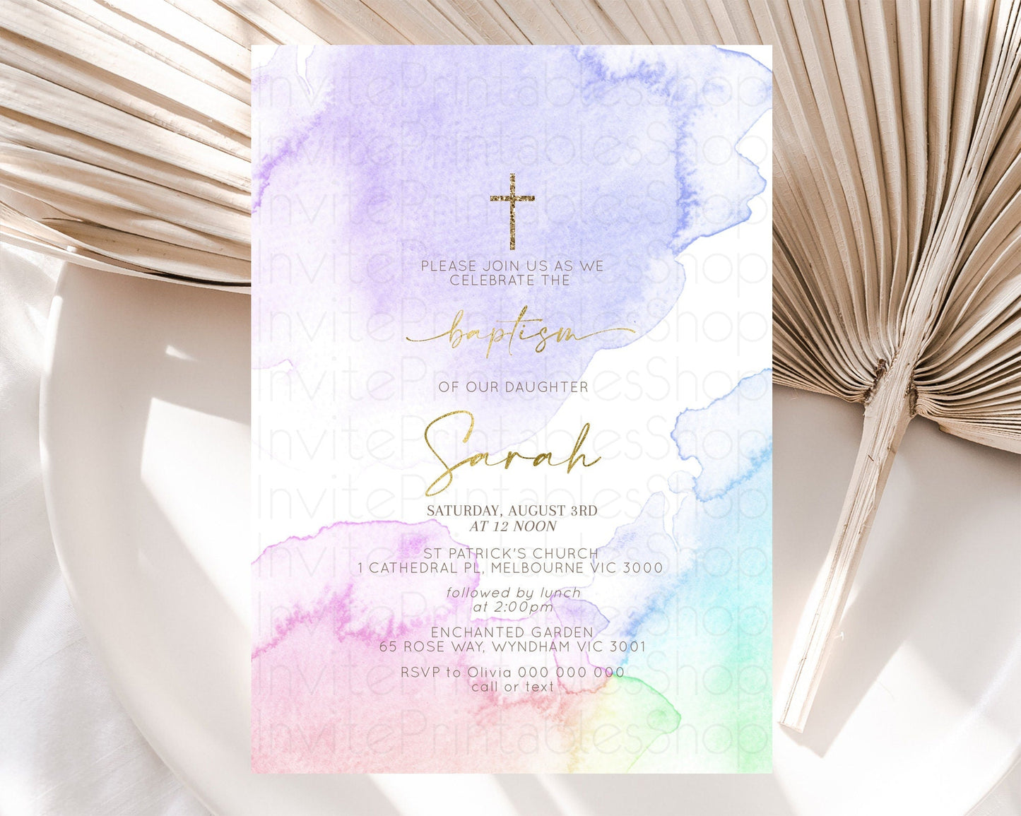 Pastel Baptism Invitation Pastel Colors Watercolor Baptism 1st Birthday Party Gold Ombre Pastel Rainbow Christening Holy Communion D10215