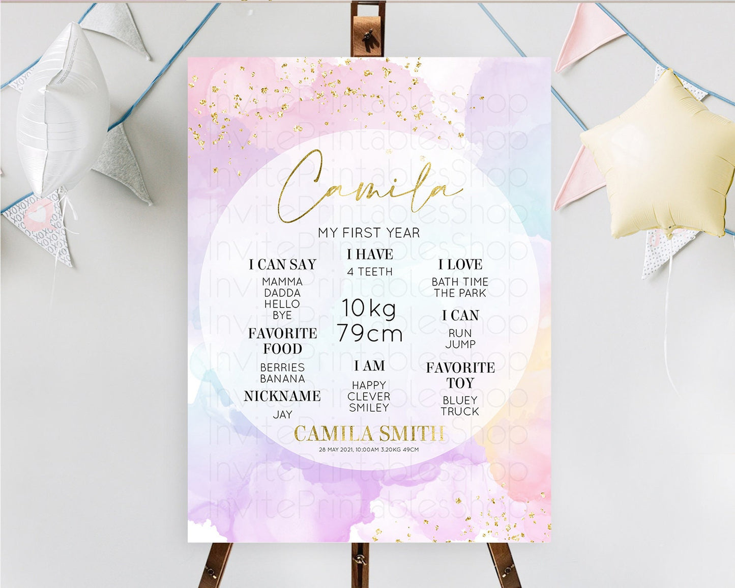 Pastel First Birthday Milestone Board Pastel Rainbow Milestone Poster Colorful Confetti Watercolor Glitter 1st Birthday Welcome Sign D10623