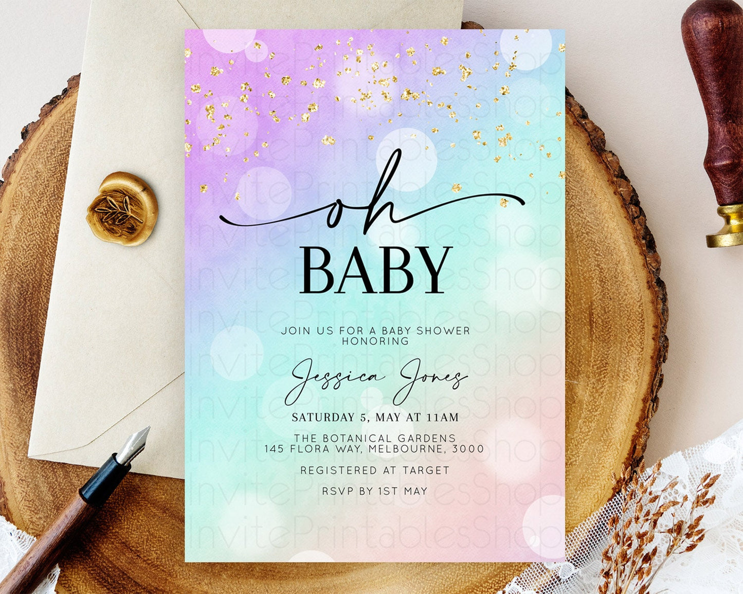 Pastel Baby Shower Invitation Rainbow Baby Shower Invitation Colorful Pastel Watercolor Invitation Gold Glitter Sprinkles Ombre D10618