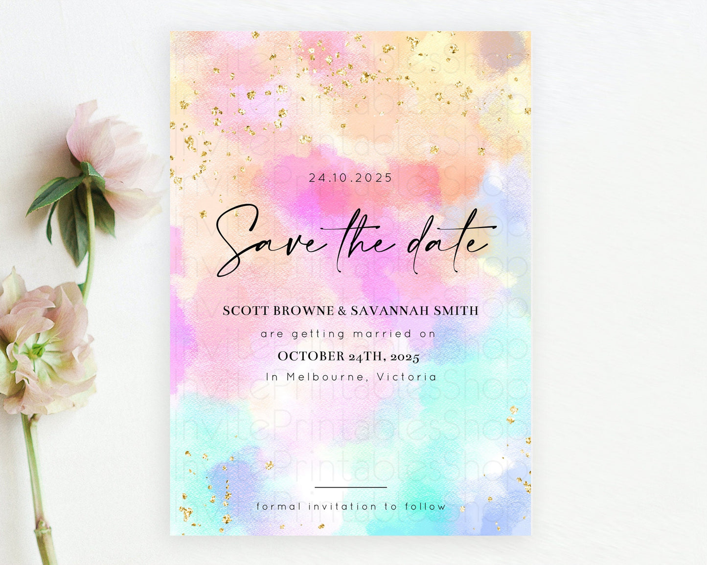 Pastel Save The Date Template Pastel Ombre Rainbow Watercolor Colorful Party For Birthday Baptism Baby Shower Wedding Bridal Shower D10667