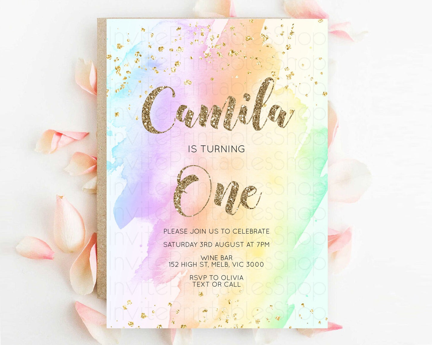 Rainbow Birthday Invitation Colorful Pastel Watercolor Invitation Gold Glitter Sprinkles Ombre Pastel 1st 2nd 3rd Birthday D10643