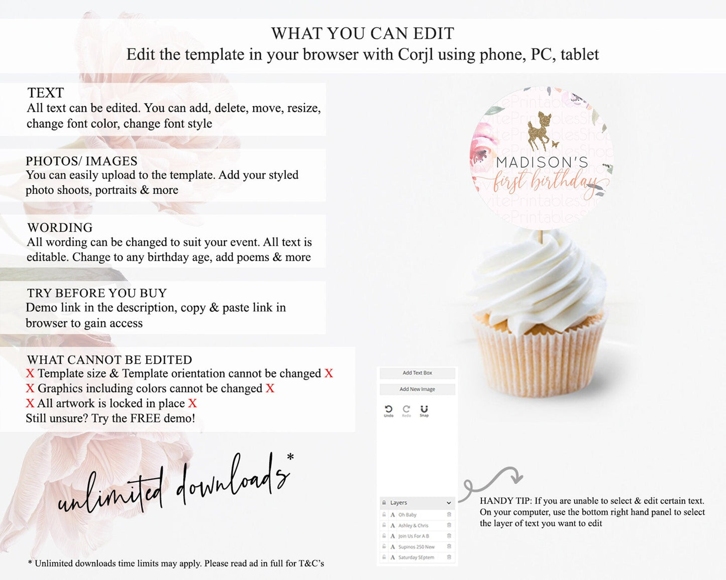 Fawn Cupcake Toppers Deer Cupcake Toppers Enchanted Forest Party Butterfly Pastel Flowers Woofland Cupcake Toppers First Birthday D10196