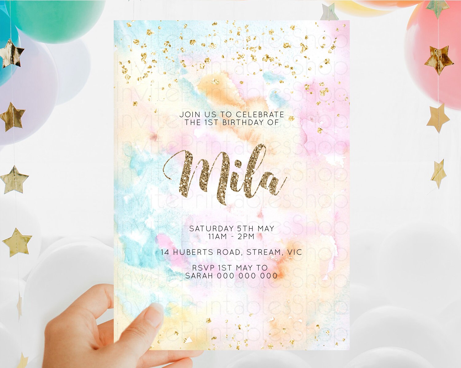 Editable Rainbow Birthday Invitation Colorful Pastel Watercolor Invitation G