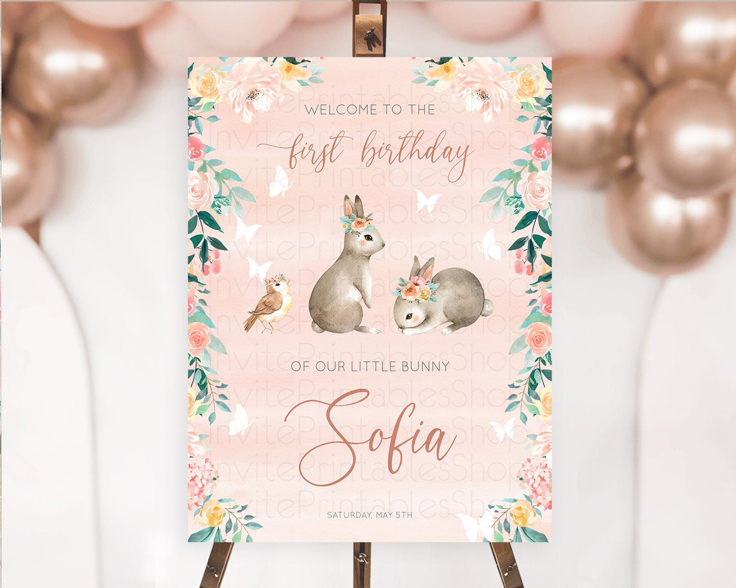 Bunny Welcome Sign Floral Bunny Welcome Board Pastel Flowers Woodland Bunny Welcome Poster Forest Bunny First Birthday Welcome Sign D10922