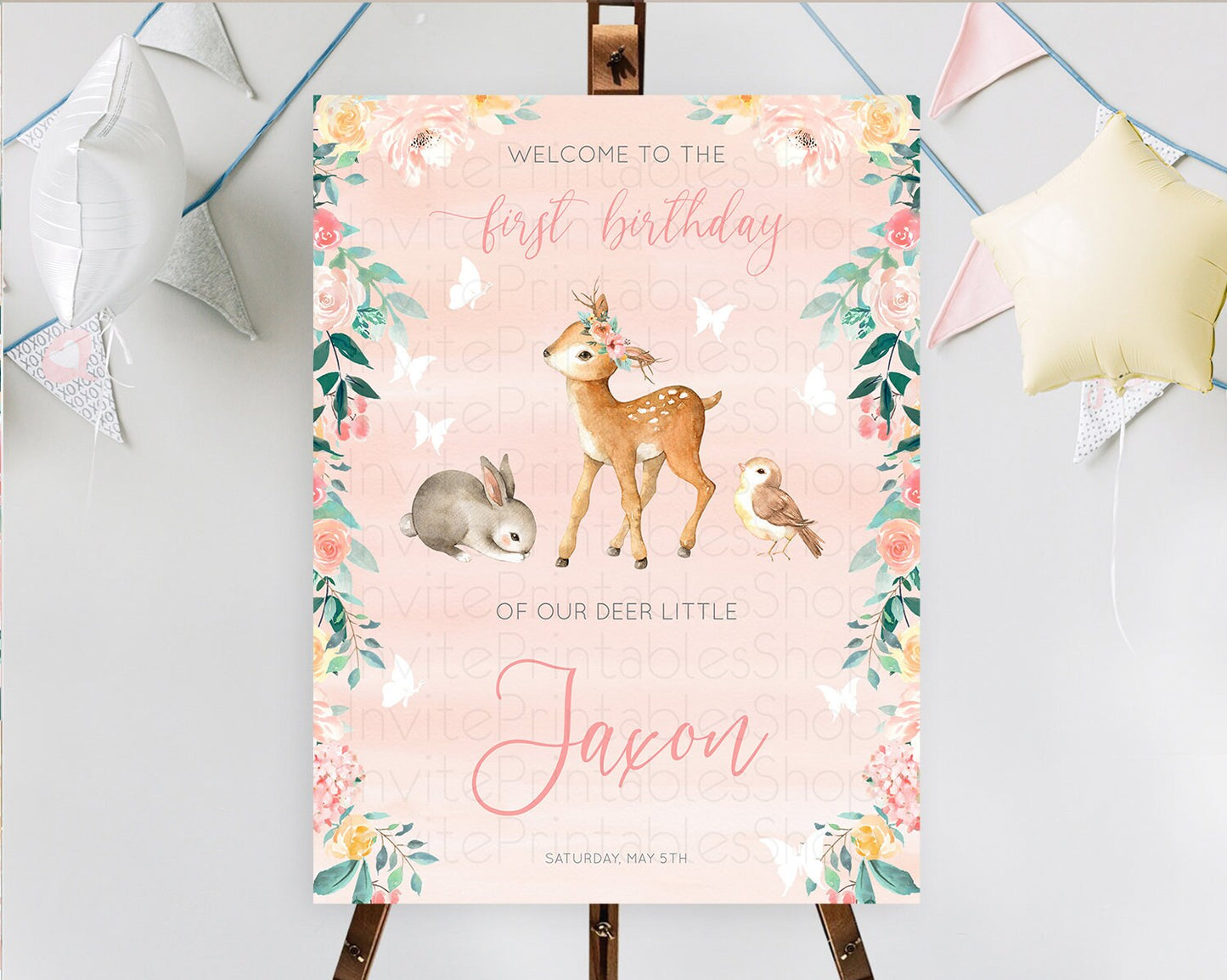 Fawn Welcome Sign Deer Welcome Board Floral Deer Welcome Poster Enchanted Forest Butterfly Pastel Floral First Birthday Welcome Sign D10921