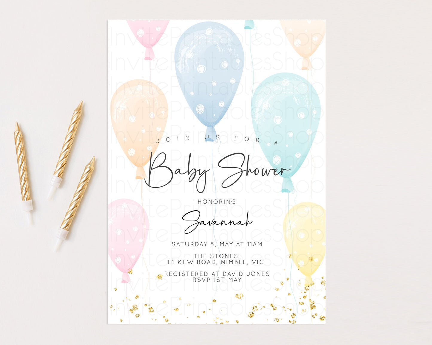 Balloon Baby Shower Invitation Rainbow Pastel Colorful Glitter Sprinkles Confetti Gender Neutral Pink Blue Green Yellow Editable Invite 154