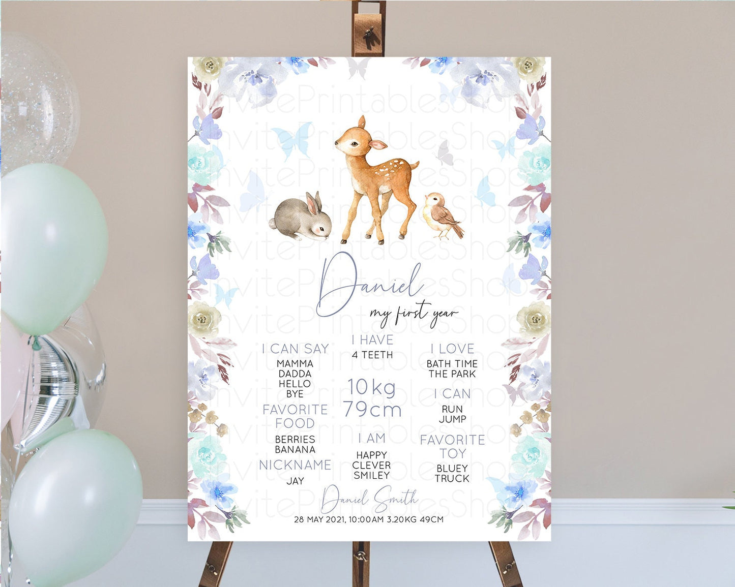 Fawn First Birthday Milestone Board Deer First Birthday Milestone Poster Enchanted Forest Butterfly Pastel Flowers 1st Birthday Sign D10929