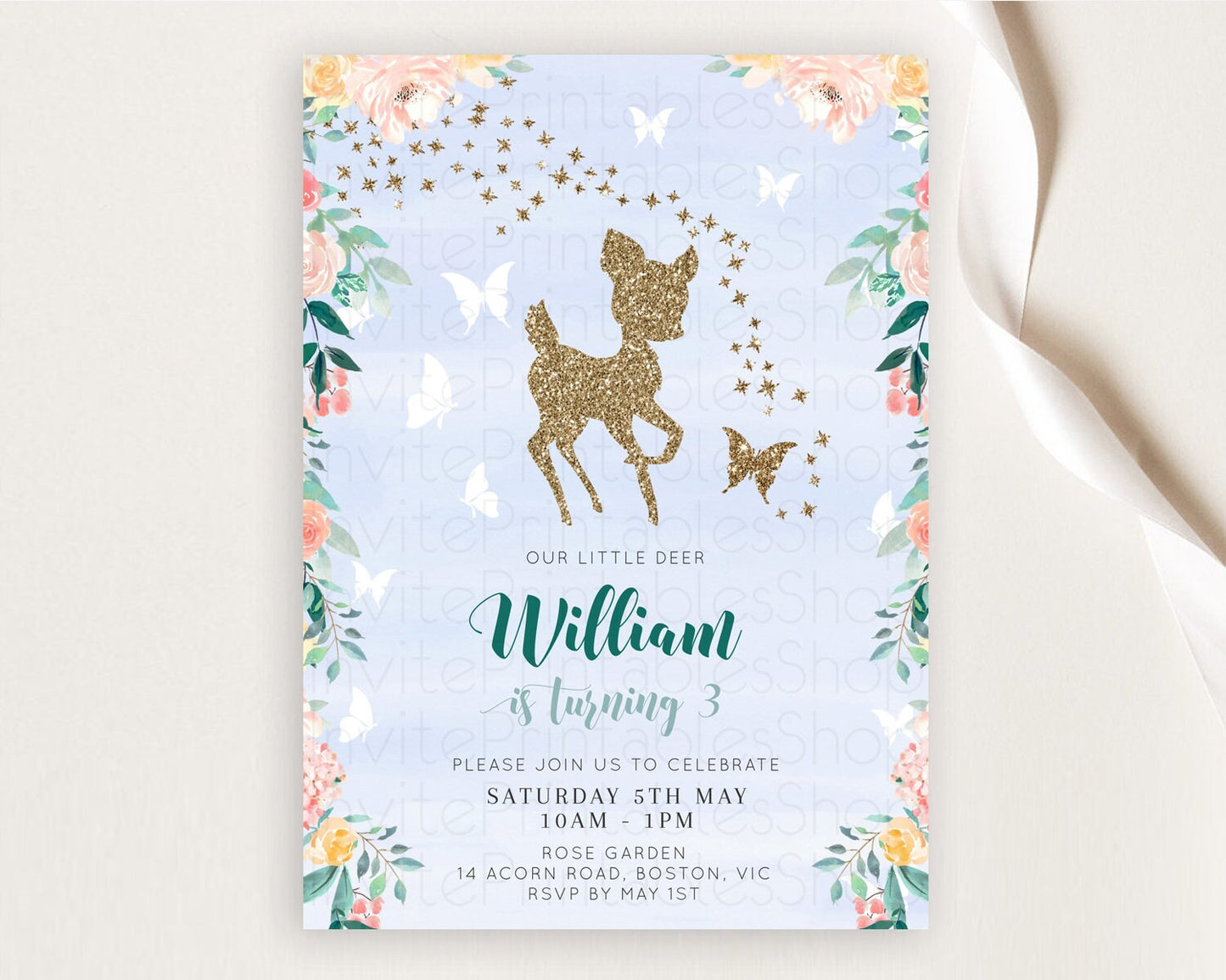 Fawn Birthday Invitation Deer Birthday Invitation Enchanted Forest Party Butterfly Pastel Flowers Whimsical 2nd 1st First Birthday D10875