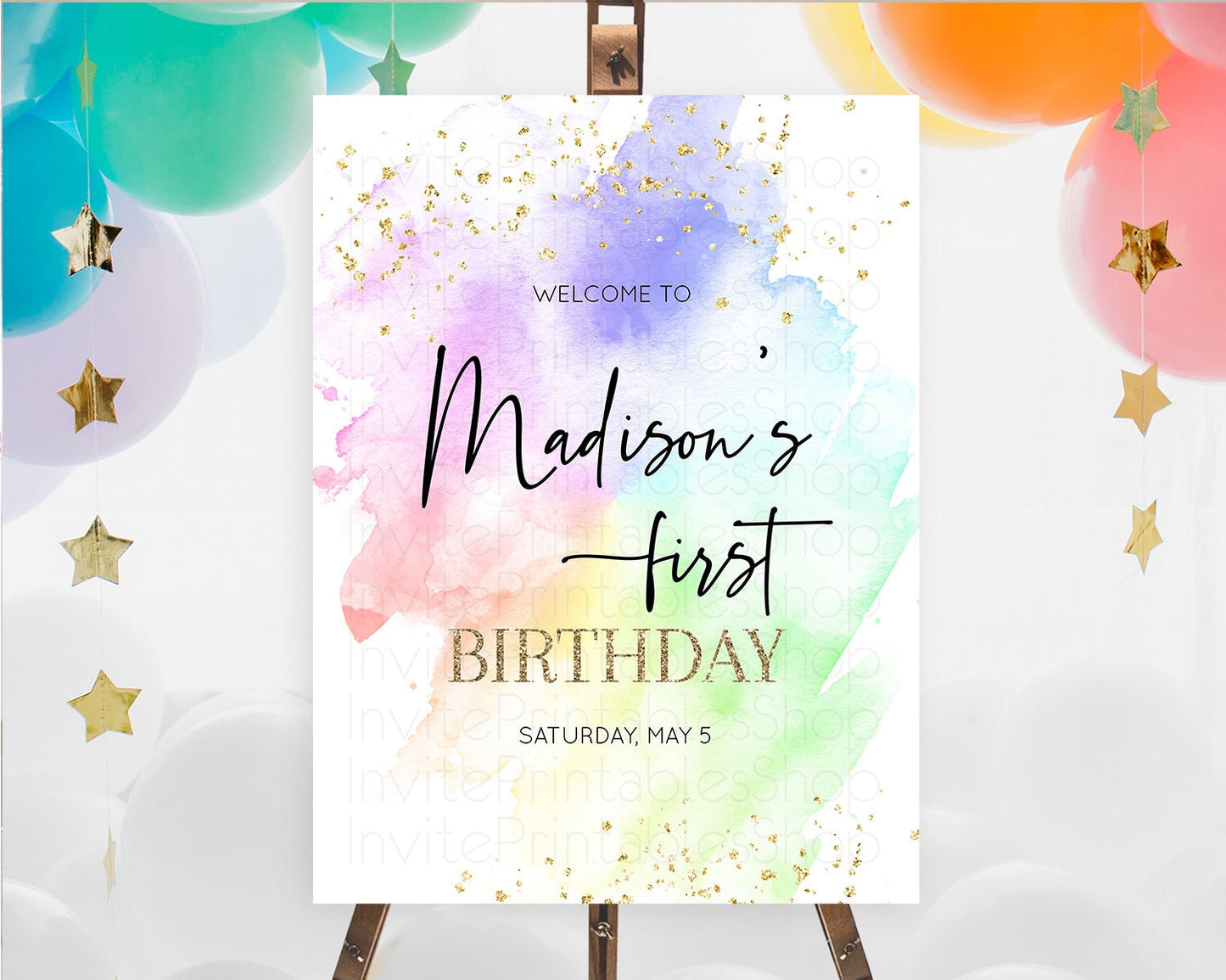 Pastel Welcome Sign Pastel Rainbow Welcome Sign Colorful Rainbow Confetti Watercolor Glitter Pastel First Birthday Welcome Sign D10316
