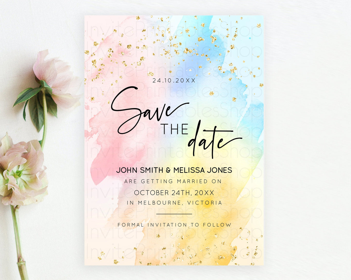 Pastel Save The Date Template Pastel Ombre Rainbow Watercolor Colorful Party For Birthday Baptism Baby Shower Wedding Bridal Shower D10557