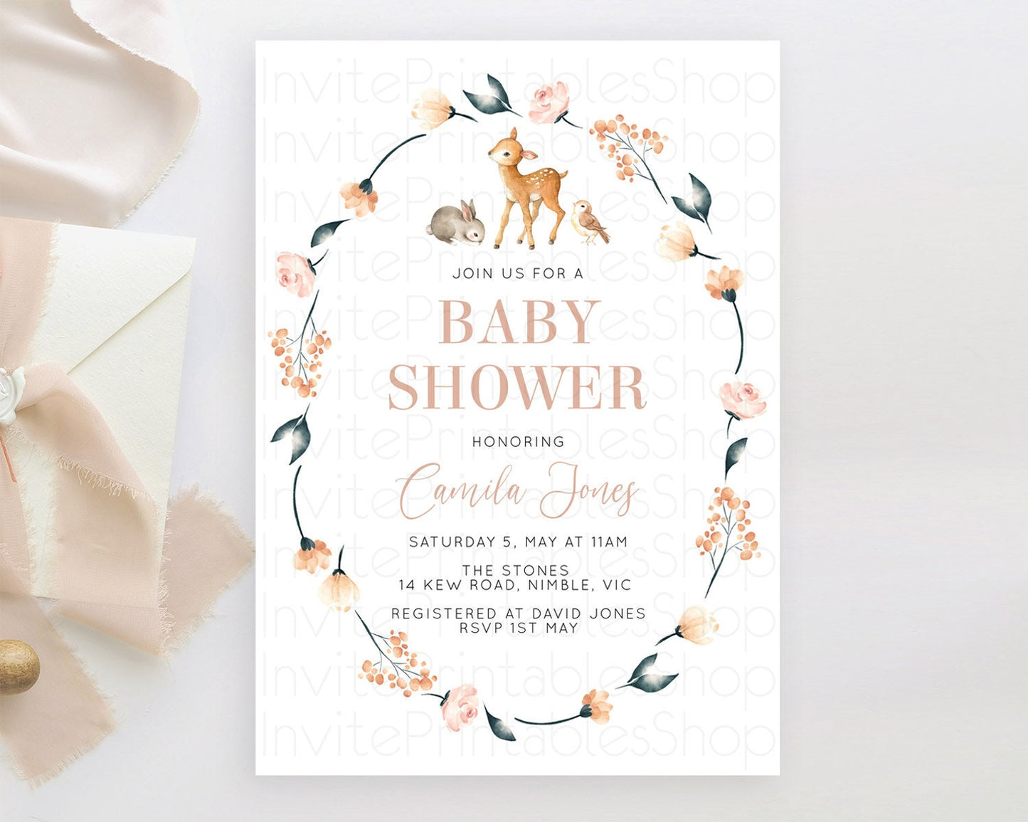 Fawn Baby Shower Invitation, Enchanted Forest, Deer, Bunny, Woodland, Pastel Flowers, Floral Crown, Organic Orange Pink Green Tone D10241