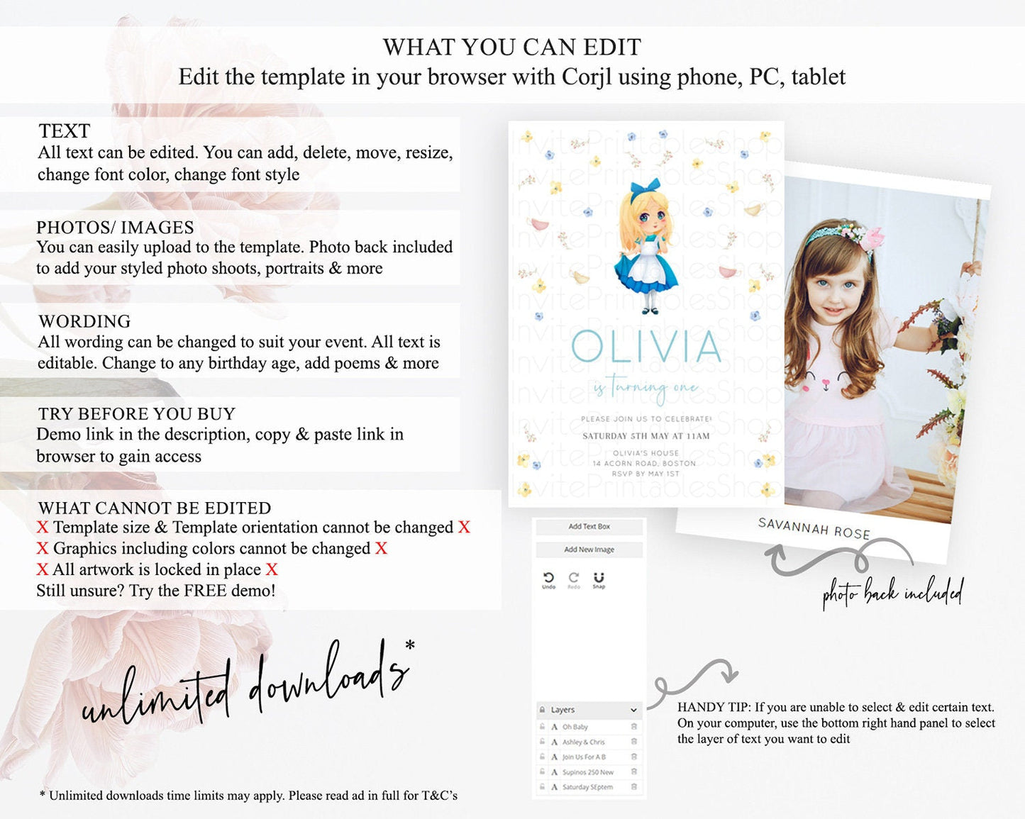 Princess Birthday Invitation Castle Invitation Royal Birthday Fairy Tale Enchanted Castle Pastel Floral Garden 1st First Birthday D10886